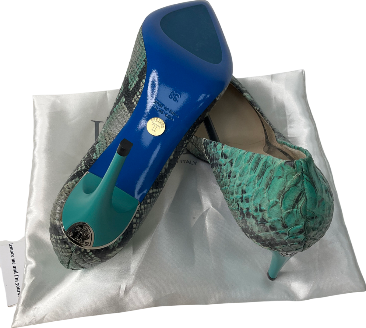 loriblu Green Turquoise Shades Snake Patten Calfskin Pointed Sling Back Heels UK 5 EU 38 👠