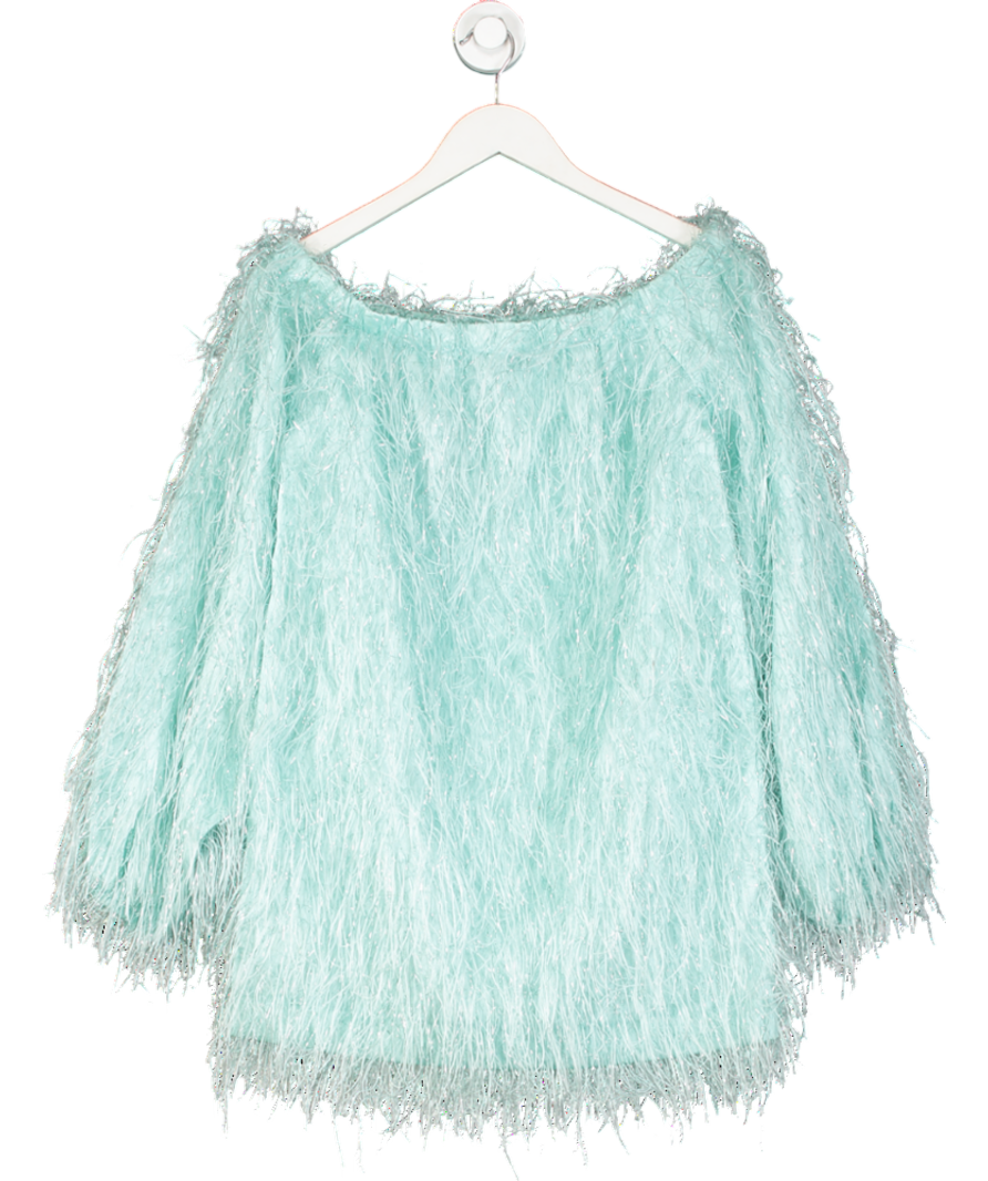 Rotate Birger Christensen Blue Gloria Off Shoulder Feather Dress UK 8