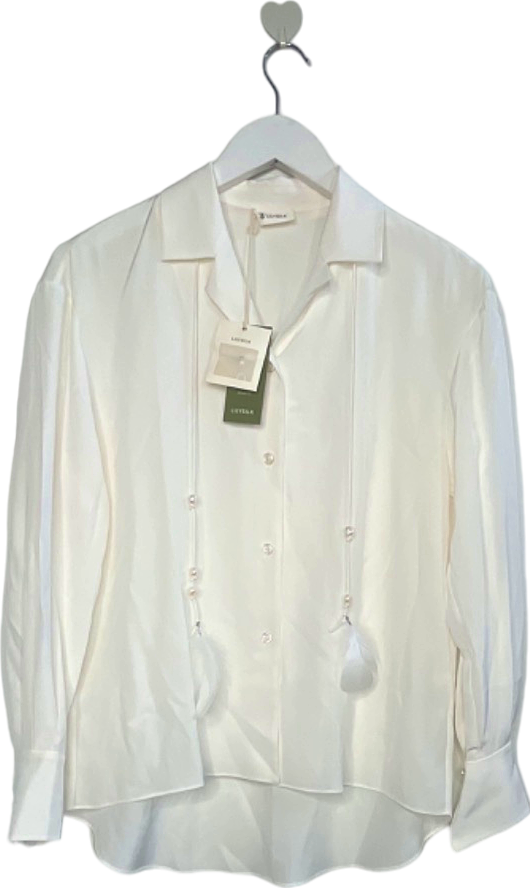 LILYSILK White 100% silk Button-Up Silk Pearl & feather tie detail Shirt UK XXS