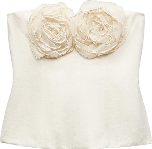 ZARA Beige Linen Blend Strapless Floral Top UK S