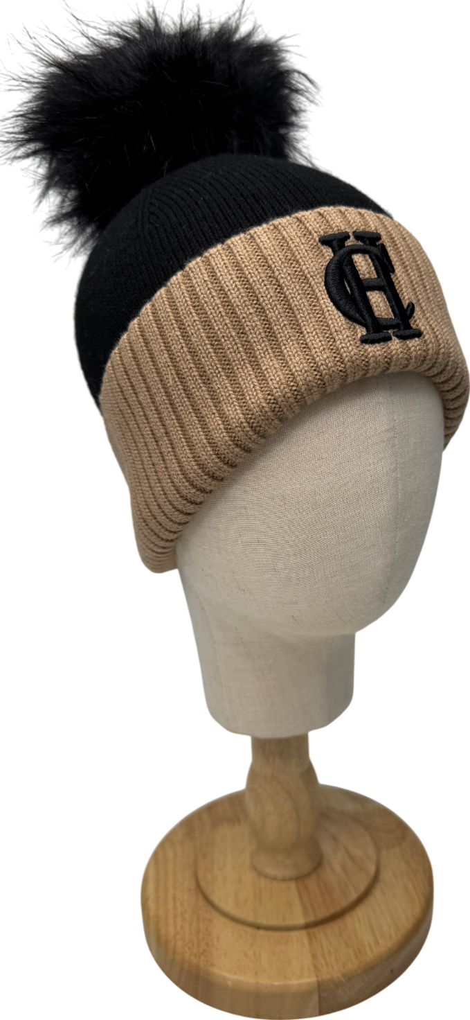 Holland Cooper Beige Chelsea Merino Logo Bobble Hat Black One Size