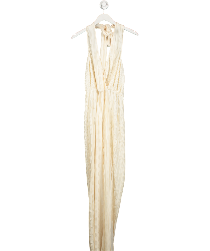 4th & Reckless Plisse Plunge Front Halterneck Wide Leg Jumpsuit In Cream UK 10