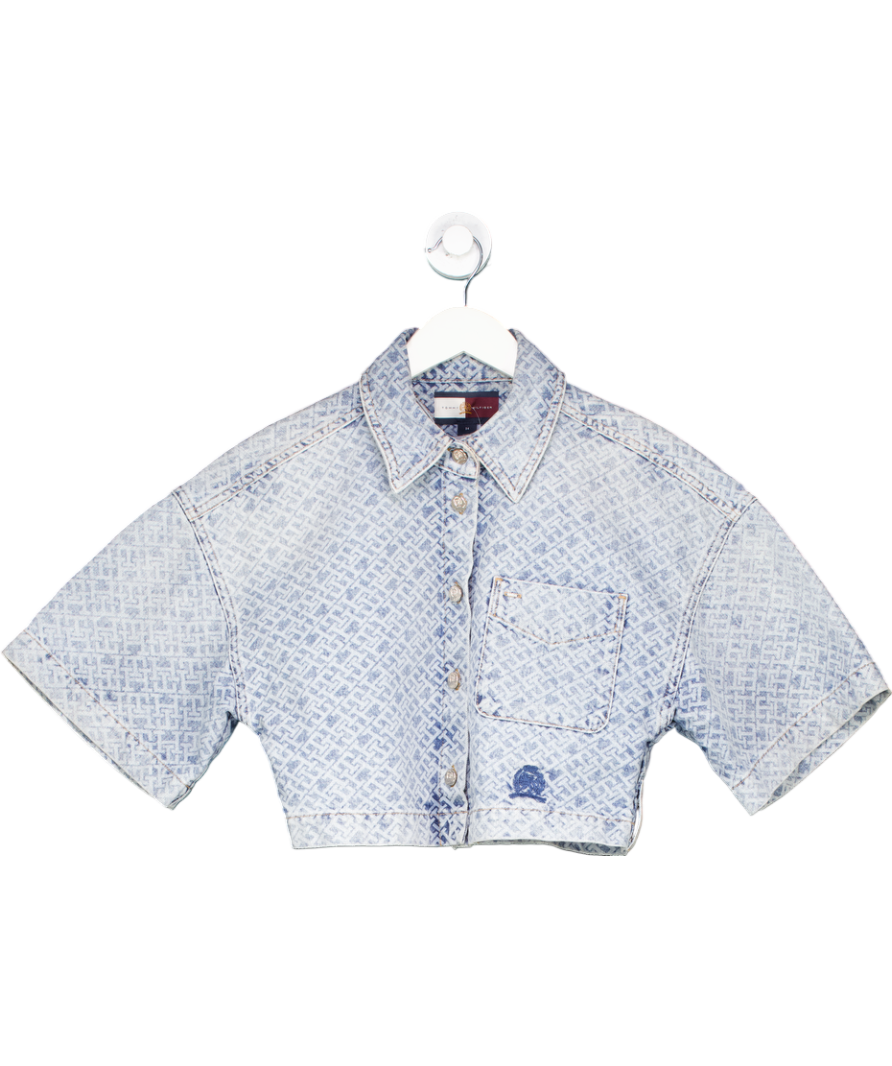 Tommy Hilfiger Blue Cropped Monogram Short Sleeve Shirt UK 6