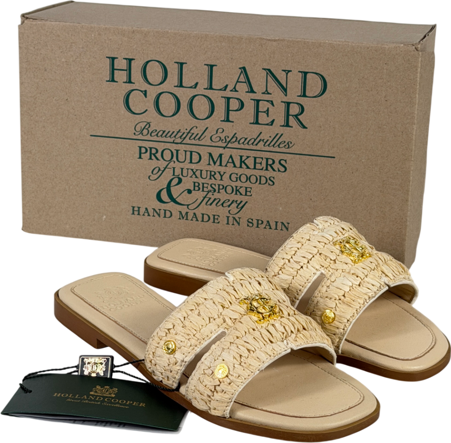 HOLLAND COOPER Beige Heraldic Monogram Logo Straw Slides UK 4 EU 37