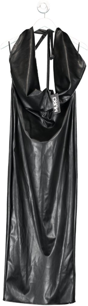 MURCI Black Faux Leather Deep Plunge Halter Maxi Dress UK 12