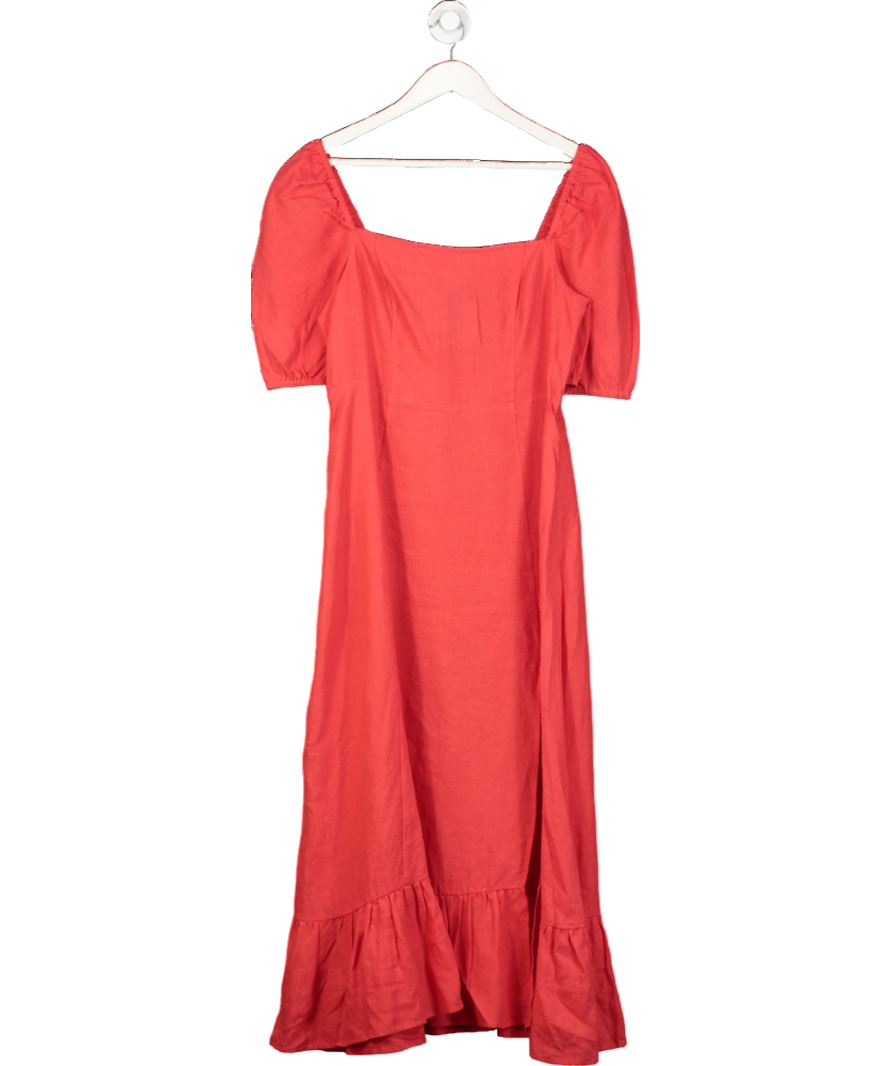 & Other Stories Linen Puff Sleeve Midi Dress In Red UK 12