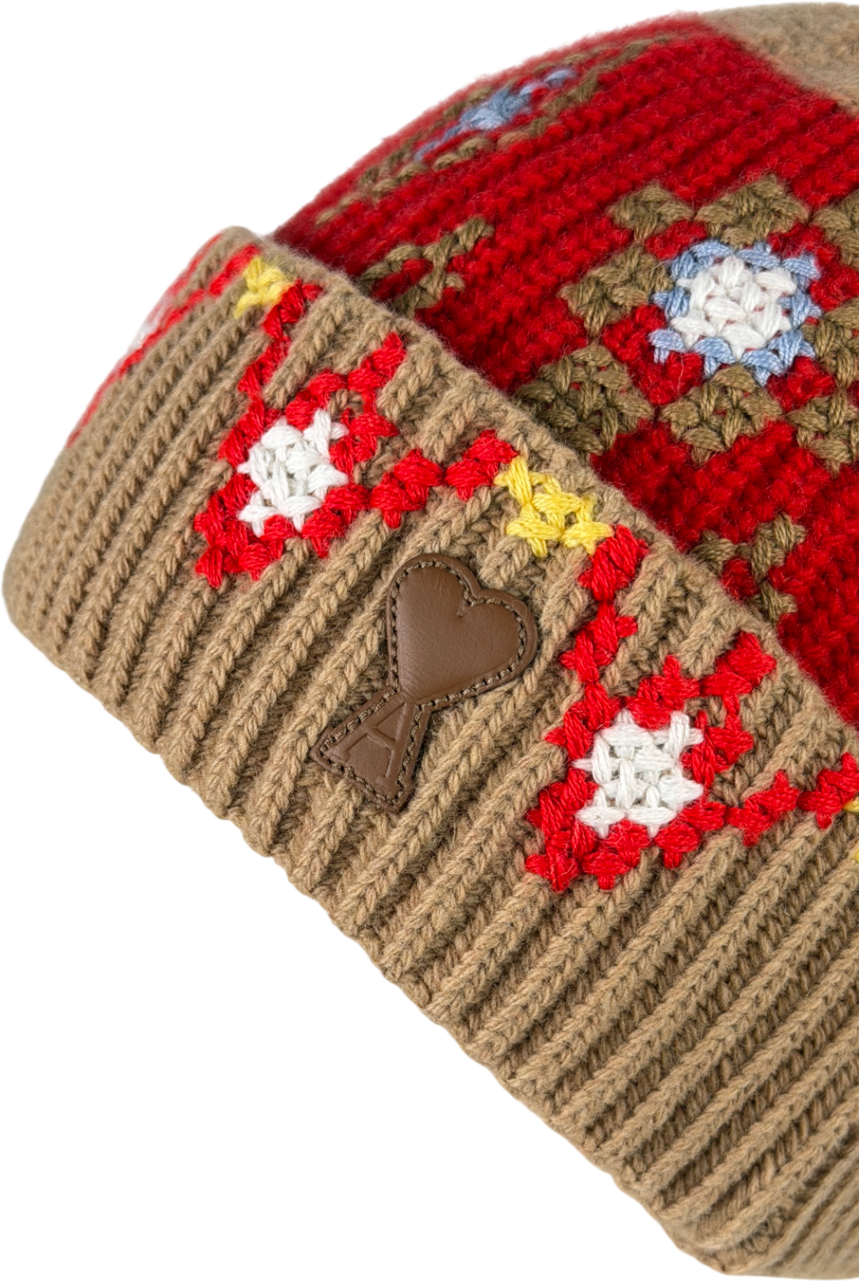 AMI Paris Camel / Red Intarsia-knit Wool Beanie Hat One Size