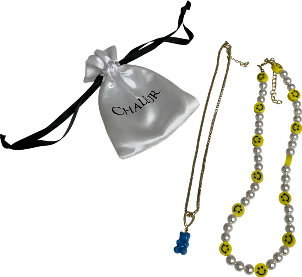 chaleur Metallic All Smiles Pearl Necklace & Blue Teddy Bear Charm Necklace One Size