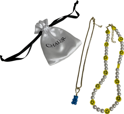 chaleur Metallic All Smiles Pearl Necklace & Blue Teddy Bear Charm Necklace One Size