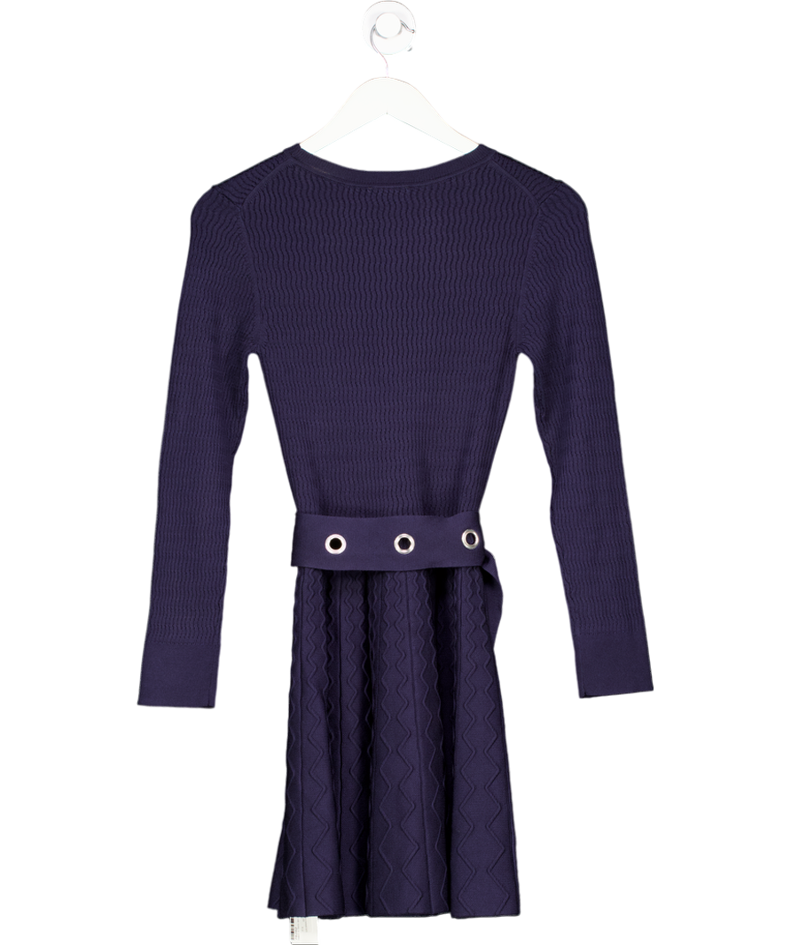 Claudie Pierlot Maud Navy Blue Textured Knit Belted Fit And Flare Dress T2 UK 10