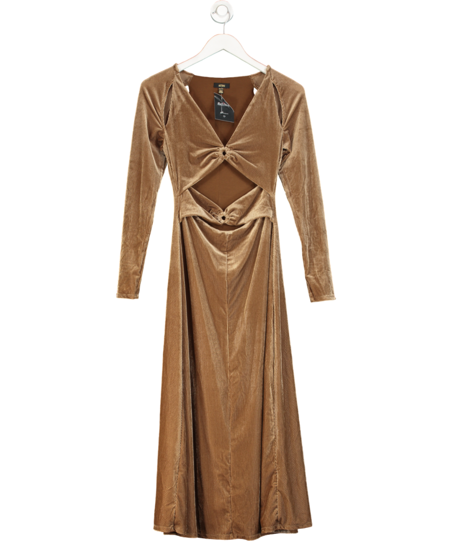 AFRM Cala Ribbed Cutout Long Sleeve Velvet Midi Dress - Brown UK XS
