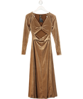AFRM Cala Ribbed Cutout Long Sleeve Velvet Midi Dress - Brown UK XS