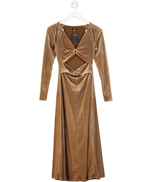 AFRM Cala Ribbed Cutout Long Sleeve Velvet Midi Dress - Brown UK XS