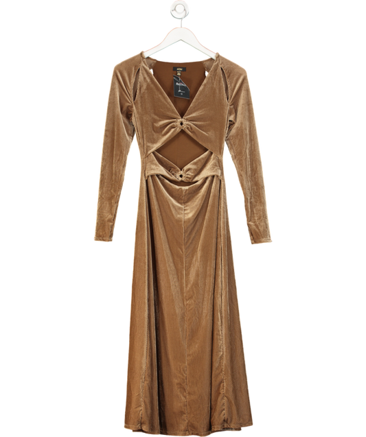 AFRM Cala Ribbed Cutout Long Sleeve Velvet Midi Dress - Brown UK XS