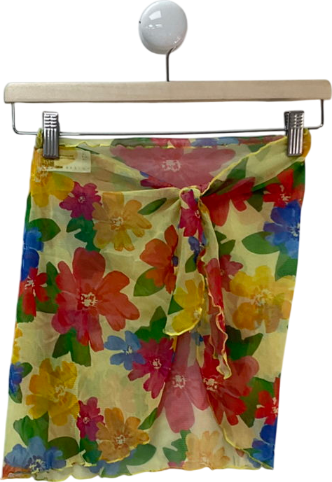 ASOS Yellow Floral Print Bikini Set And Matching Mesh Cover Up Skirt UK 6