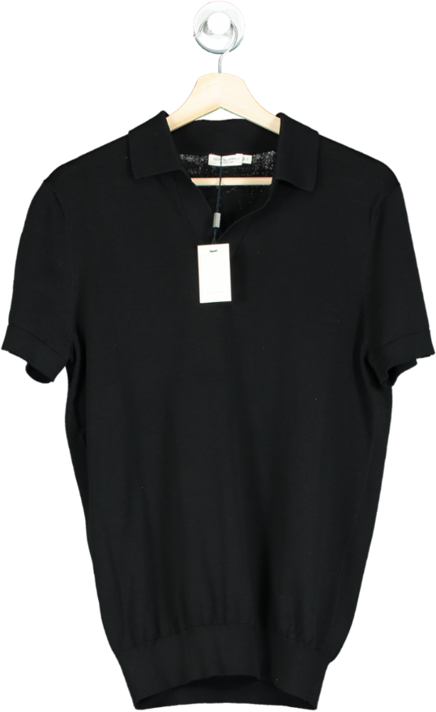 SuitSupply Black Californian Cotton & Mulberry Silk Buttonless Knit Polo Top UK XS