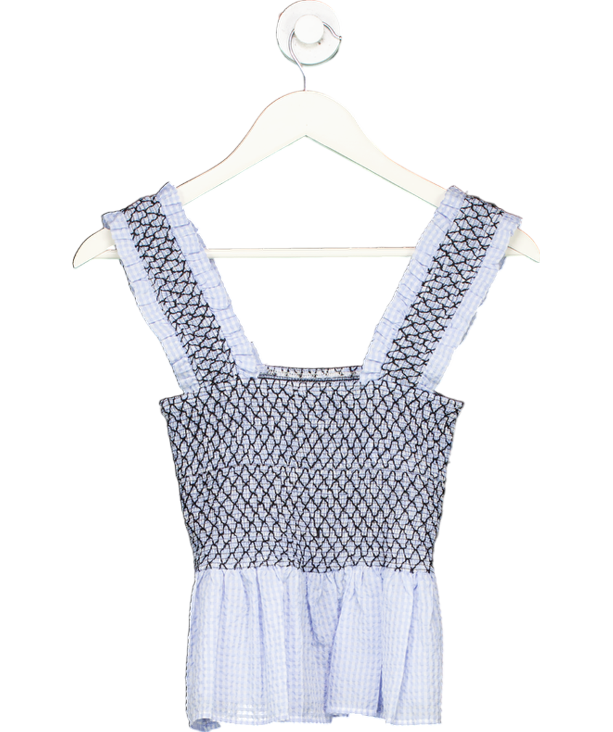 Ganni Blue Smocked Gingham Top UK 6