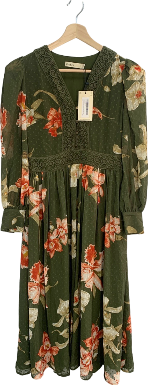 Oasis Khaki Floral Printed Ossby Chiffon Midi Dress UK 10