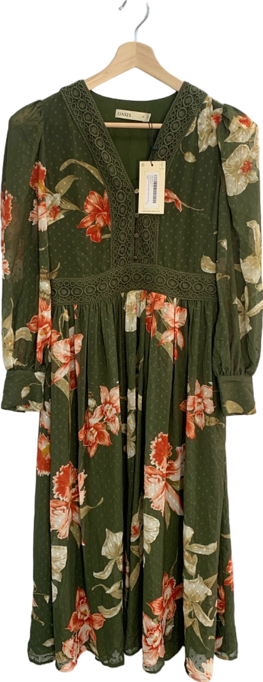 Oasis Khaki Floral Printed Ossby Chiffon Midi Dress UK 10