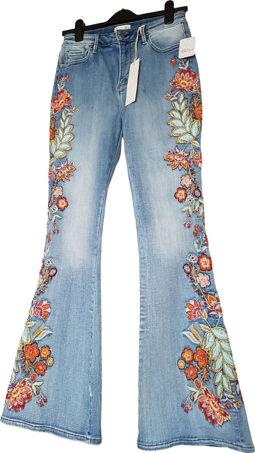 Free People Blue X Driftwood Farrah Embroidered Flare Jeans  - Tallulah W28