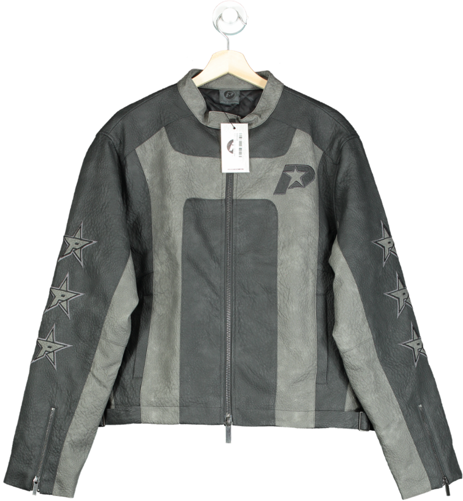 Boohoo Man Charcoal Gunna Boxy Fit Applique Panelled PU Moto Jacket UK XL