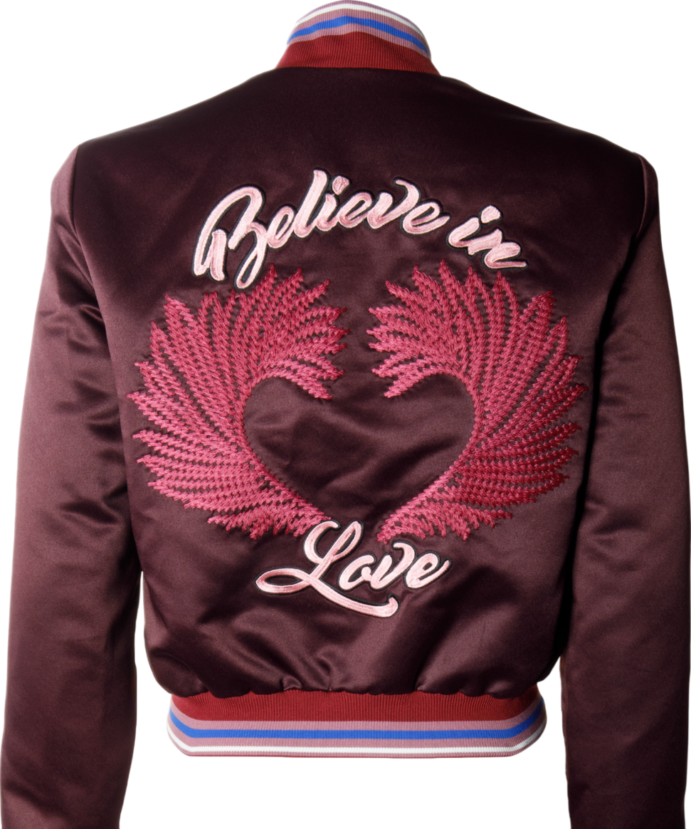 Pinko Red "believe In Love" Embroidered Satin Bomber Jacket UK 6