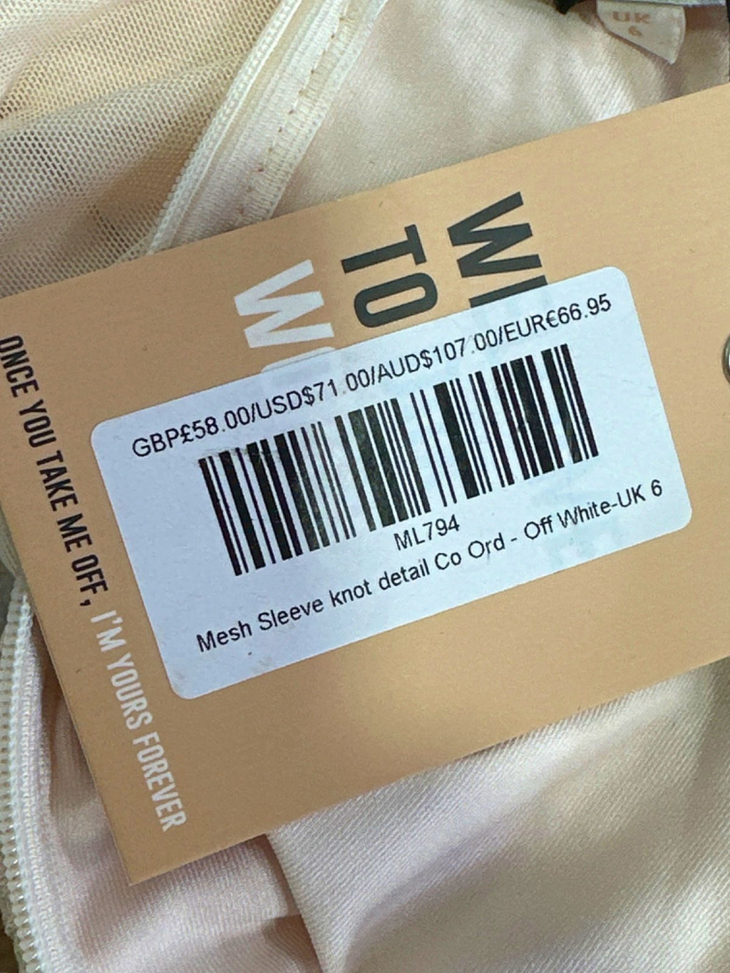 Mars The Label Off White Mesh Sleeve Knot Detail Co Ord UK 6