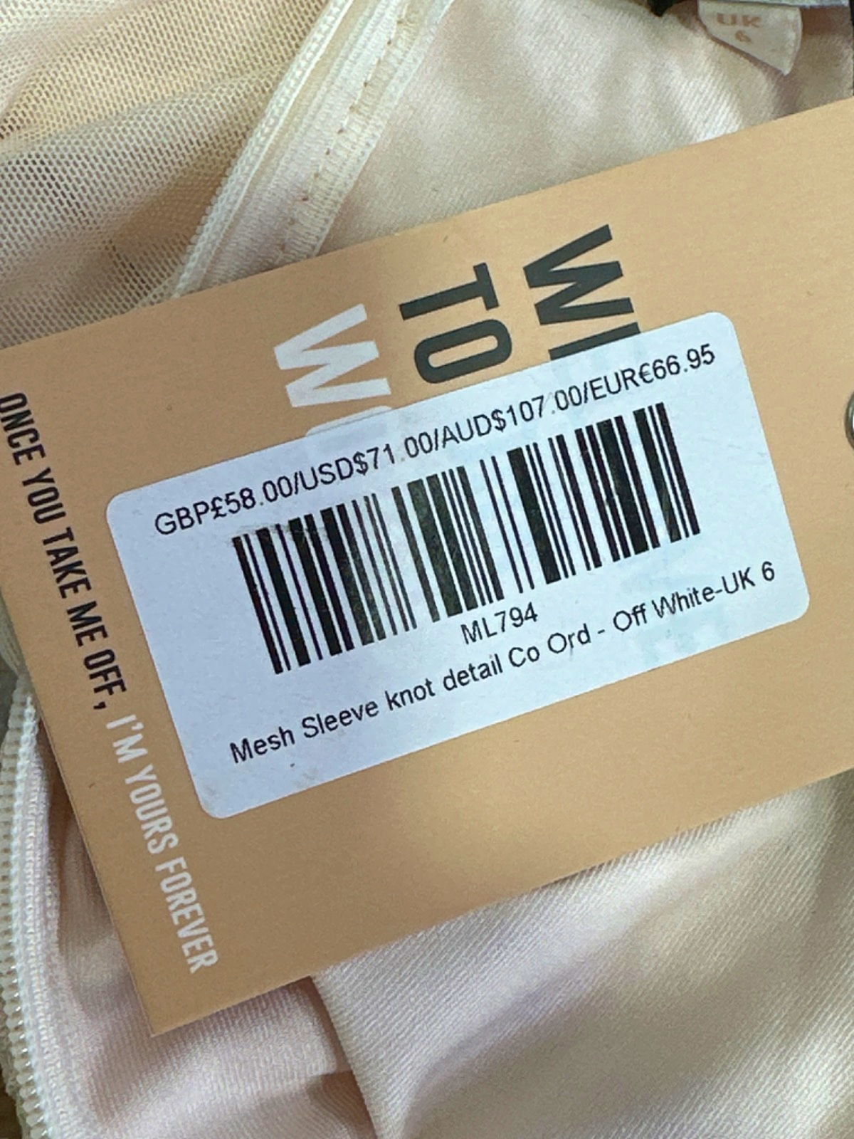 Mars The Label Off White Mesh Sleeve Knot Detail Co Ord UK 6