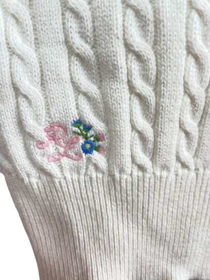 Polo Ralph Lauren White 100% Cotton Cable Knit Cardigan With Embroidered Logo And Flowers BNWT 6 Years