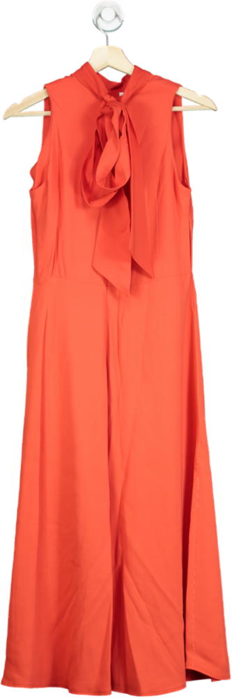Karen Millen Tomato Red Petite Compact Stretch Viscose Tailored High Neck Tie Detail Midi Dress UK 4