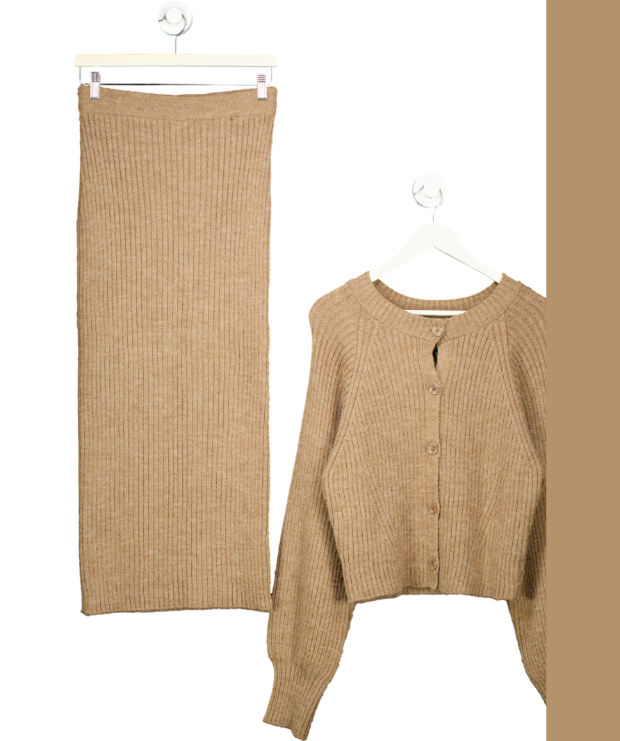 NA-KD 2-piece Brown Rib Knit Shoulder Pad Cardigan And Maxi Skirt set UK M