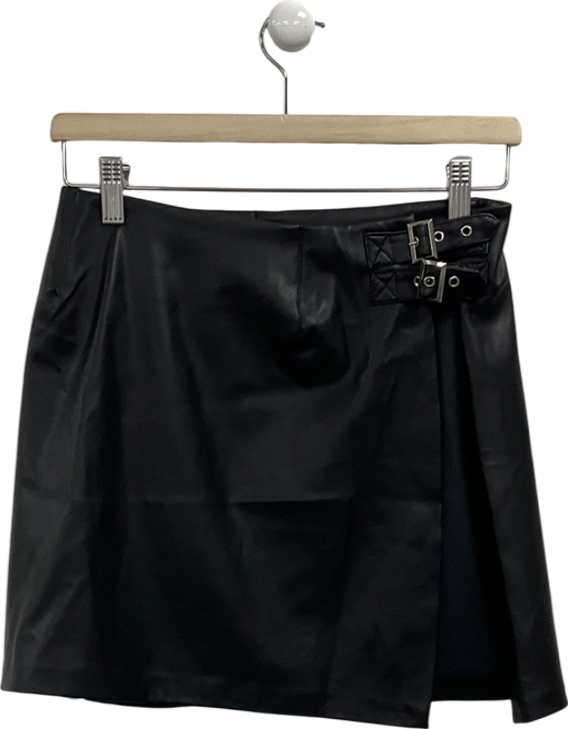 PrettyLittleThing Black Faux Leather Buckle Side Detail Mini Skirt UK 8