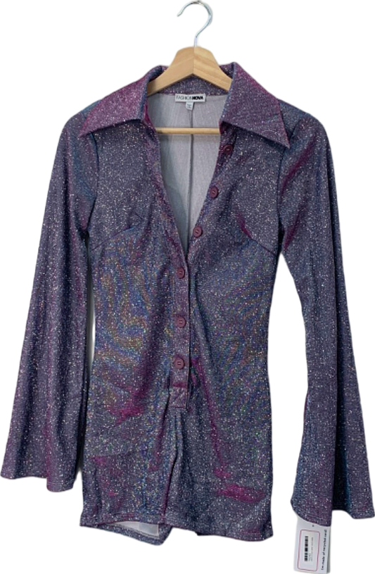 Fashion Nova Purple Sparkling Button-Up Bodysuit S