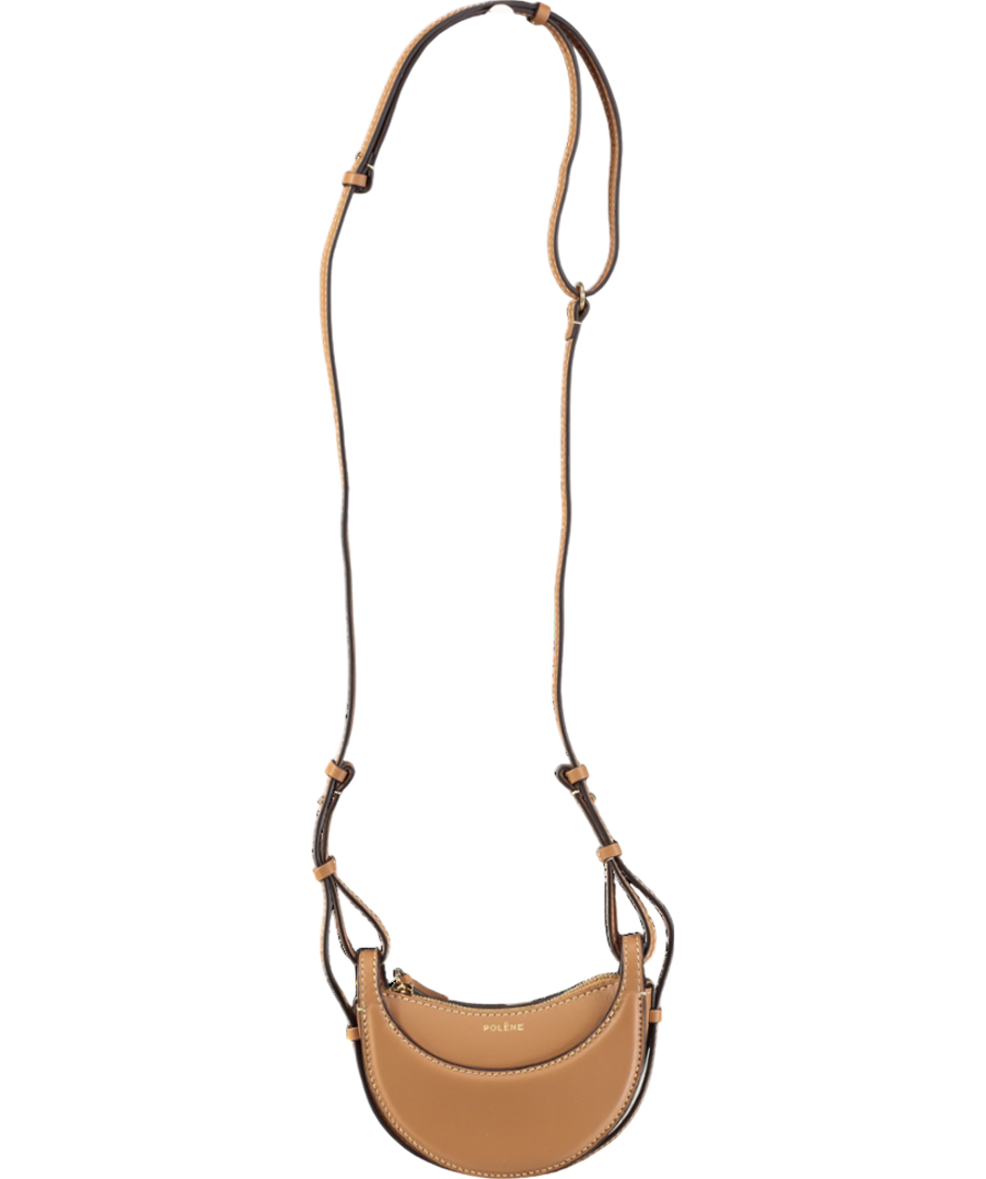 POLENE Tan Brown Luxury Leather Half Moon Micro Crossbody Bag