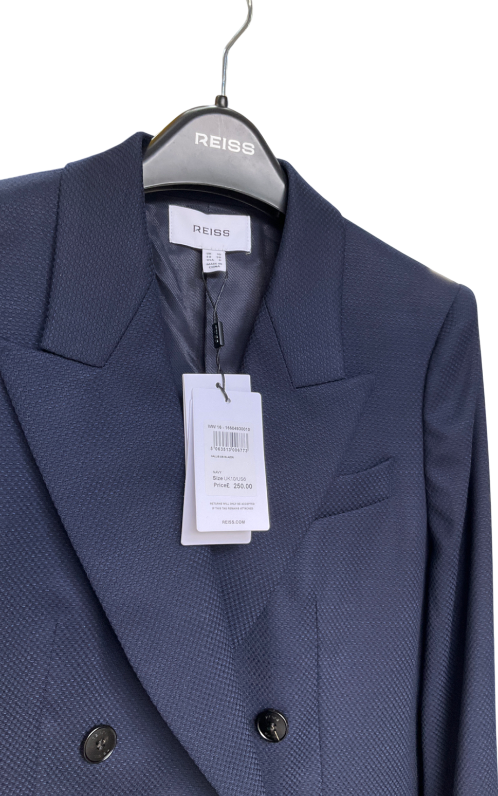 REISS Blue Hallie Textured Double Breasted Suit Blazer In Navy UK 10