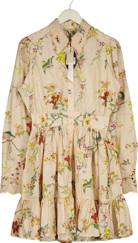 ByTIMO Cream Floral Print Cotton Lace Collar Mini Long Sleeved Dress UK S