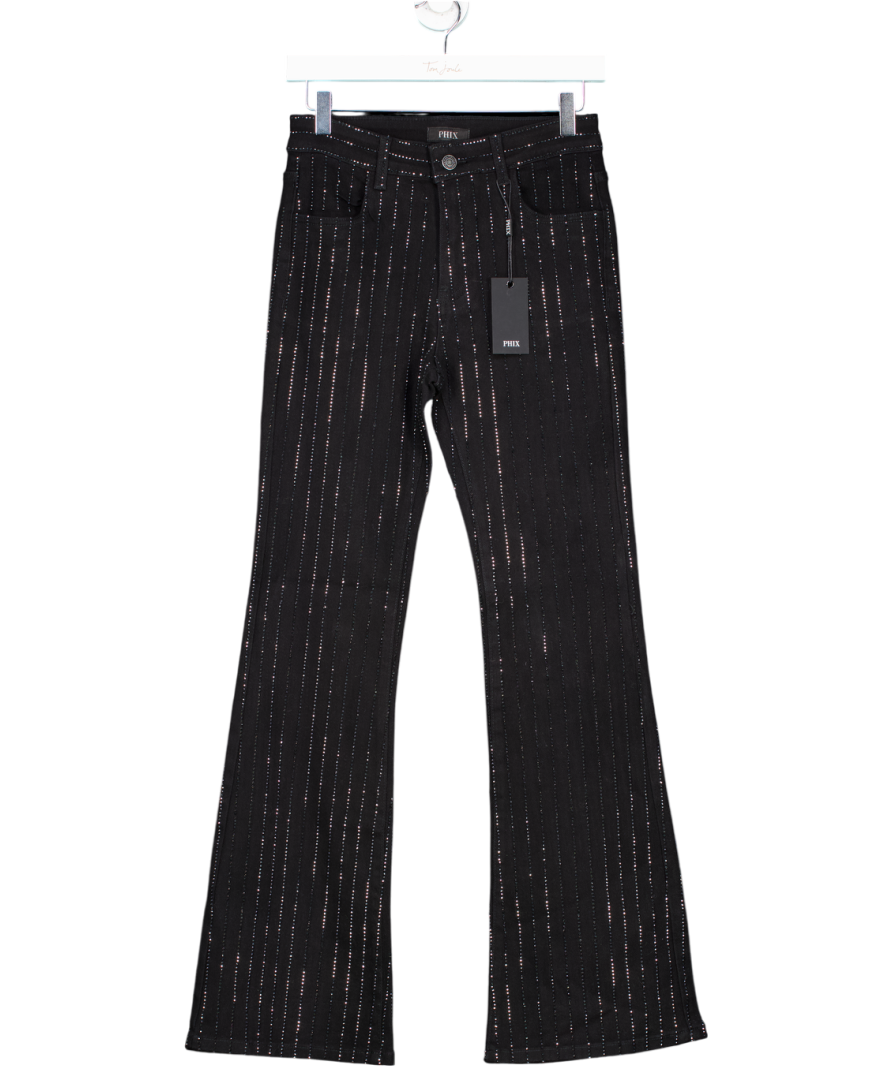Phix Black Diamante Pin Stripe Denim Flare Jeans W28
