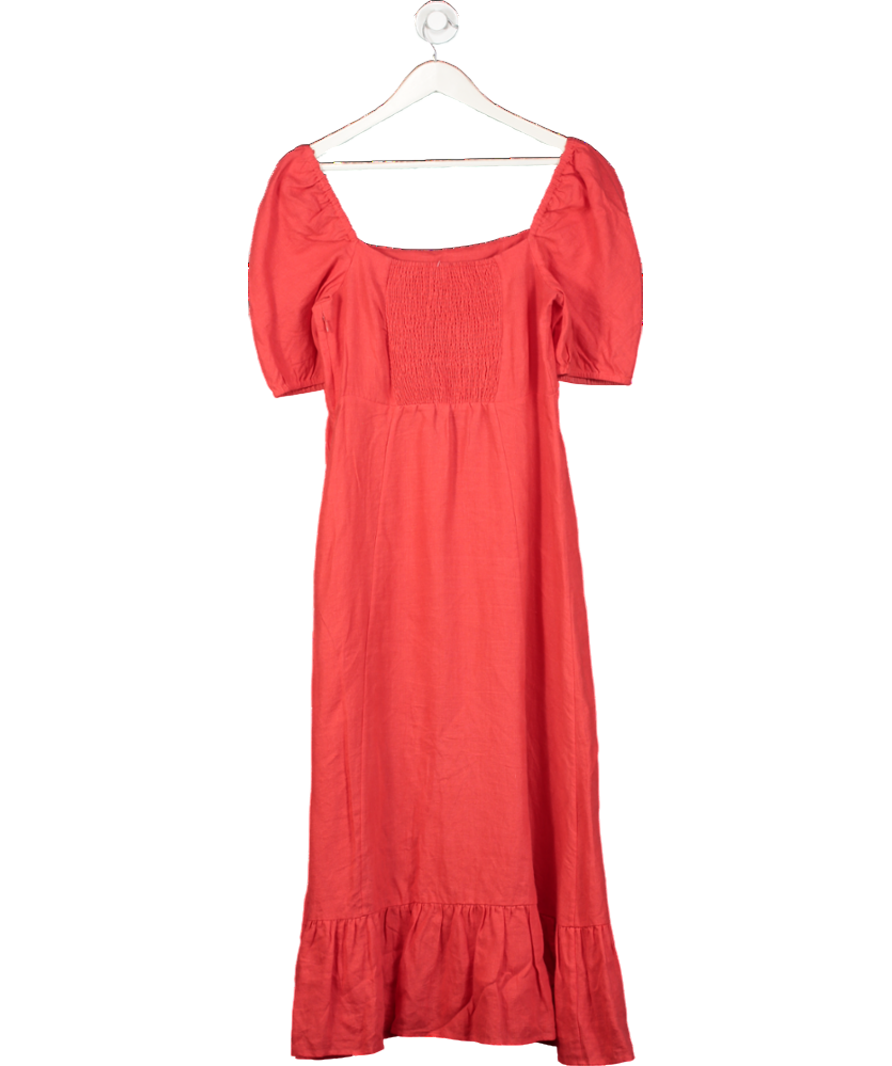 & Other Stories Linen Puff Sleeve Midi Dress In Red UK 12