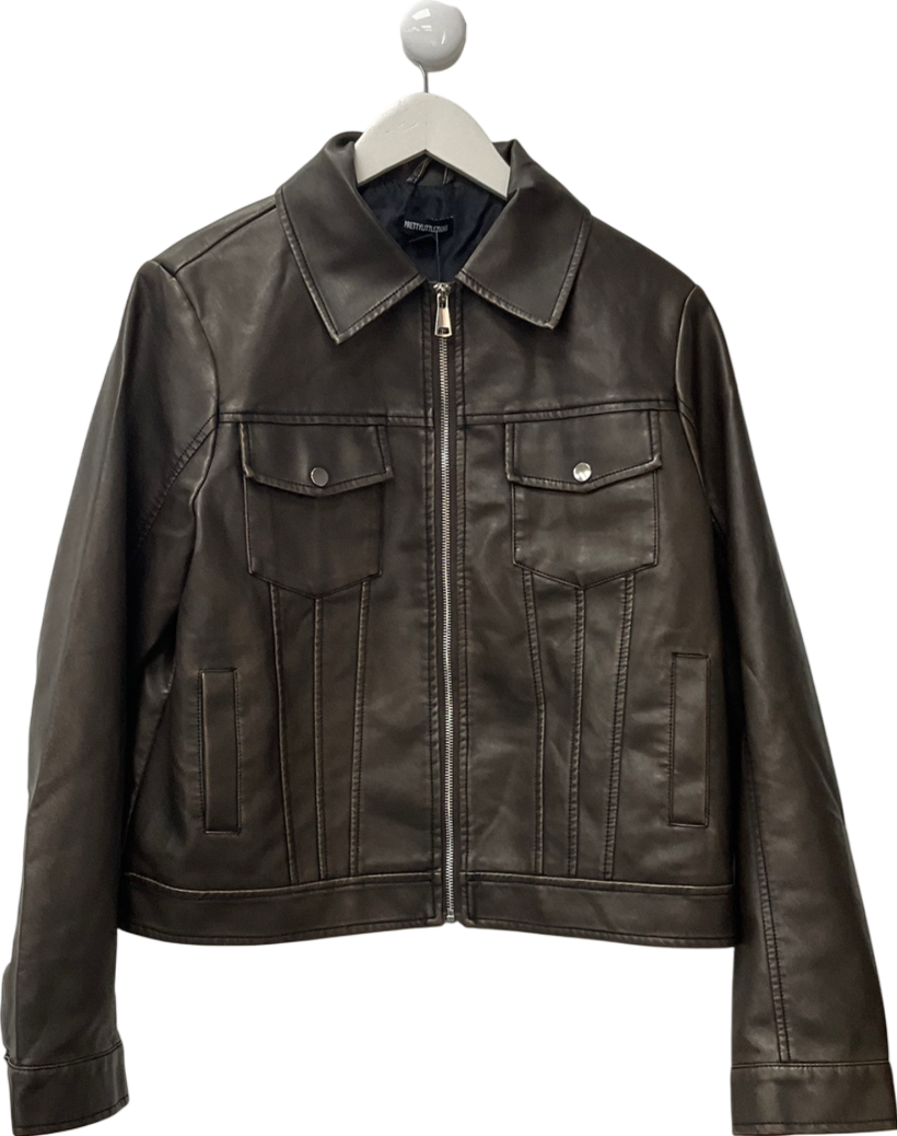 PrettyLittleThing Washed Brown Faux Leather Brushed Seams Biker Jacket UK 10