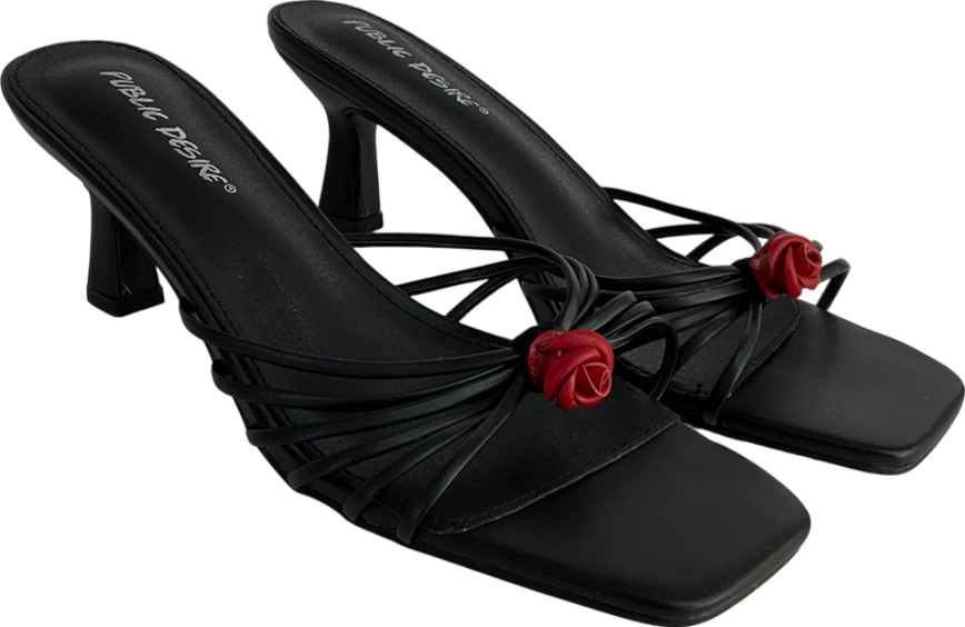 Public Desire Vertigo Black Pu Flower Detail Strappy Mid Heel Mules UK 5 EU 38 👠