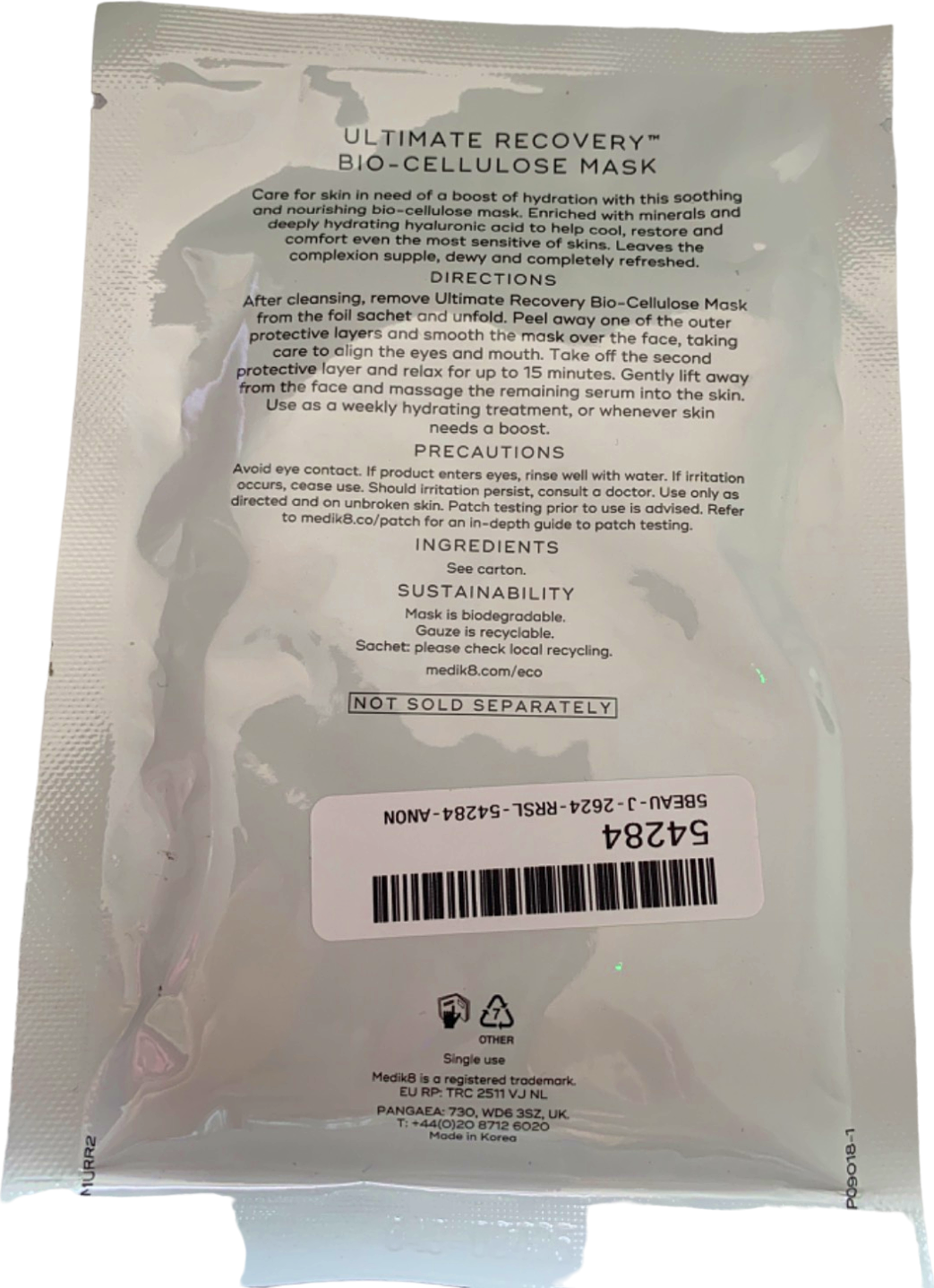 Medik8 Ultimate Recovery Bio-Cellulose Face Mask Hydrating Mineral Sheet Mask 30g