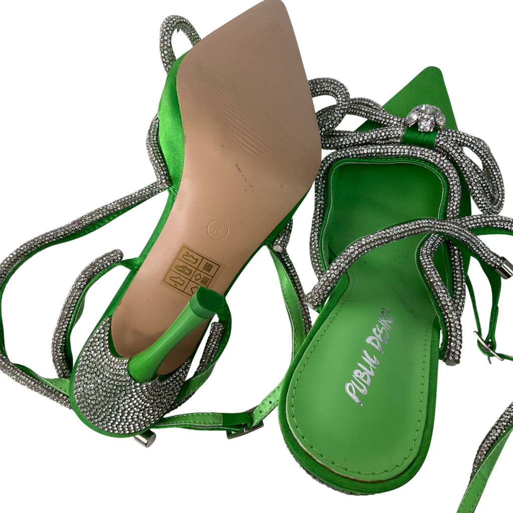 Public Desire Green Wrap Around Diamante Bow Pointed Toe High Heels UK 6 EU 39 👠