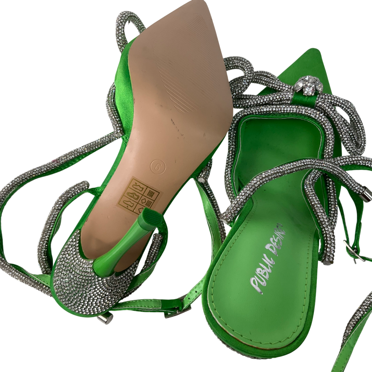 Public Desire Green Wrap Around Diamante Bow Pointed Toe High Heels UK 6 EU 39 👠