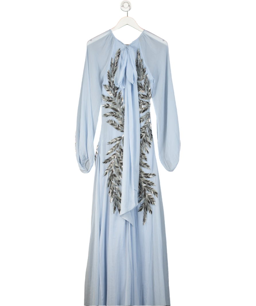 Karen Millen Blue Feather Embellished Woven Long Sleeve Maxi Dress UK 6