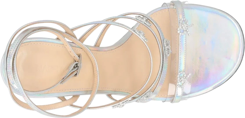 MACH & MACH Metallic Silver Iridescent Leather Crystal Bow Sandals UK 6 EU 39