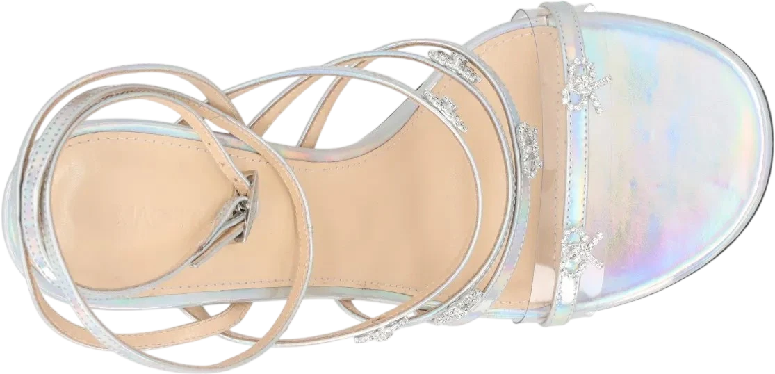 MACH & MACH Metallic Silver Iridescent Leather Crystal Bow Sandals UK 6 EU 39