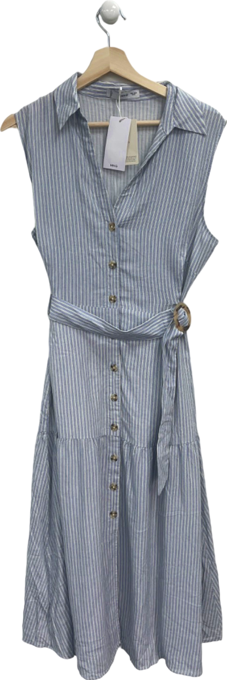 Mango Blue and White Striped Belted Sleeveless Linen Dress UK L