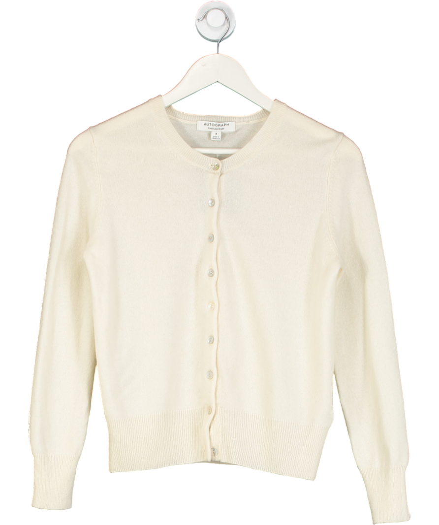 M&S Cream Pure Cashmere Crew Neck Relaxed Cardigan UK 8