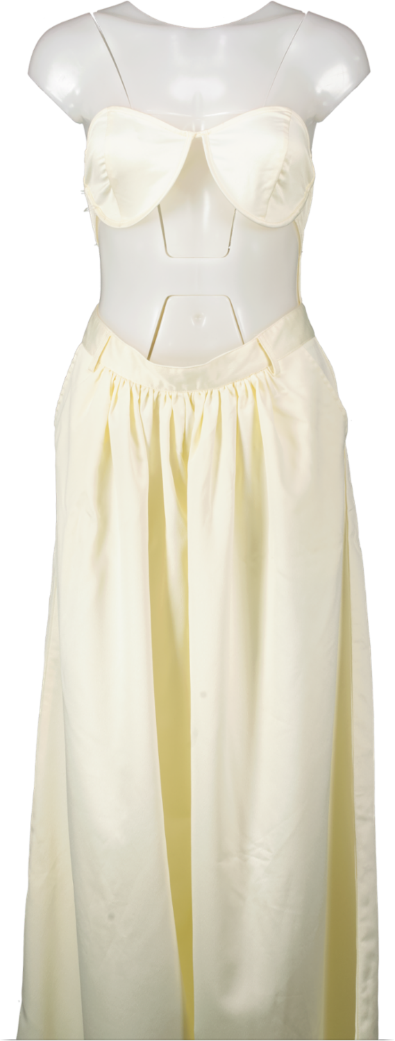 PrettyLittleThing Cream Cup Detail Satin Wide Leg Jumpsuit UK 14