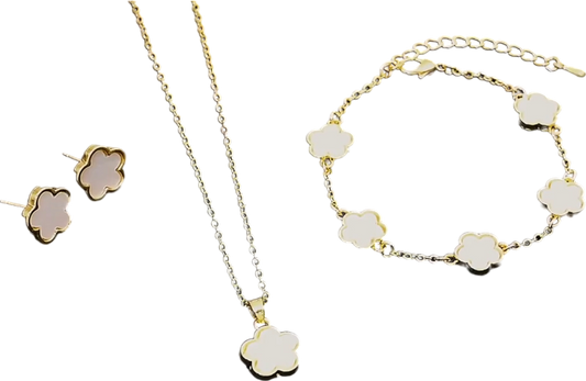 White/Gold 3 Piece Clover Bracelet/necklace/earrings Set